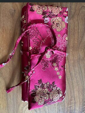 Vintage Brocade Satin Jewelry Roll Organizer Wrap